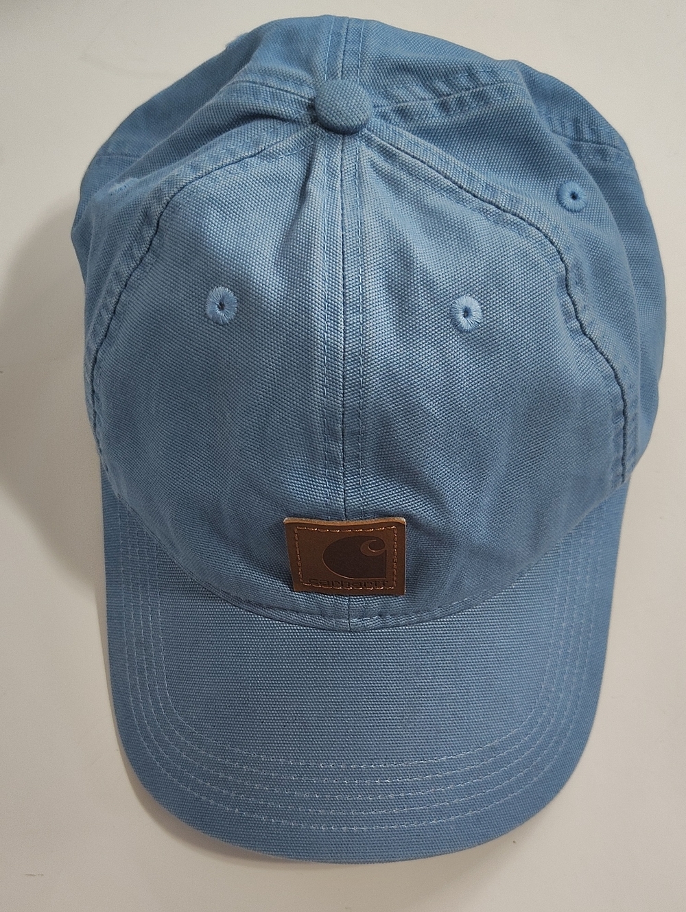 Carhartt Dusty Blue Canvas Hat with Brown Leather Patch